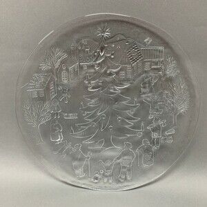 Clear Glass Decorative Chop Serving Platter Plate Christmas Tree Snowman Holiday